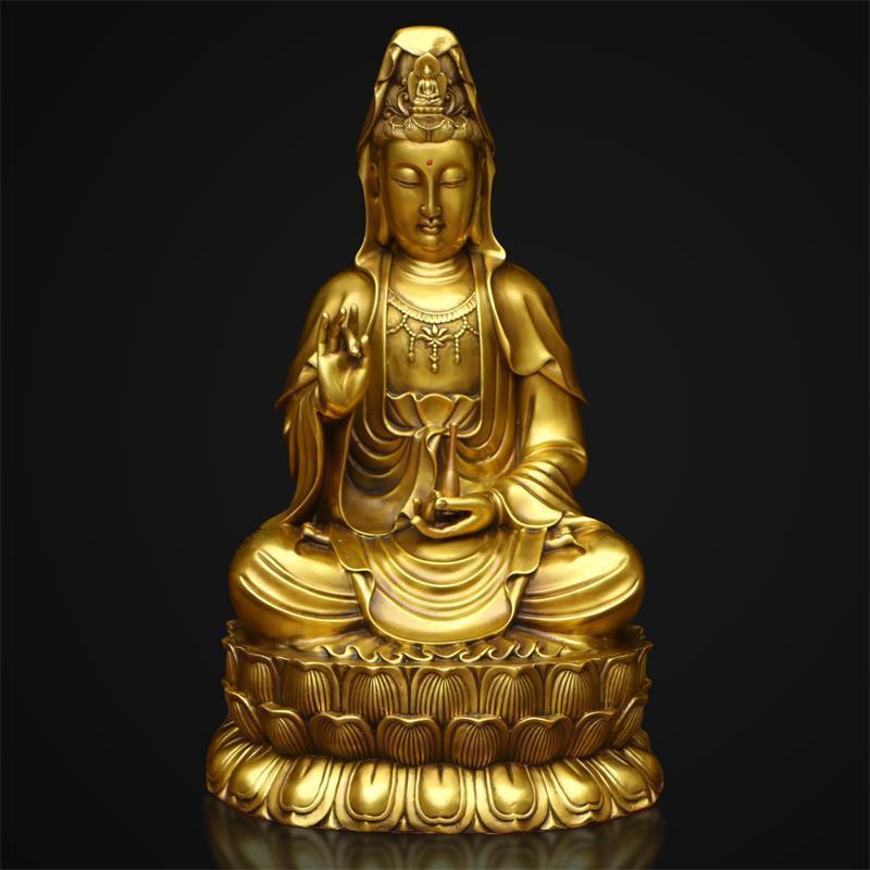 Brass Guanyin Buddha Statue Ornament with a Pure Water Bottle, Willow Branches, and Sitting on a Lotus Platform, Suitable for Home Decor, Large and Small Sizes, Nansha Guanyin Bodhisattva in Copper