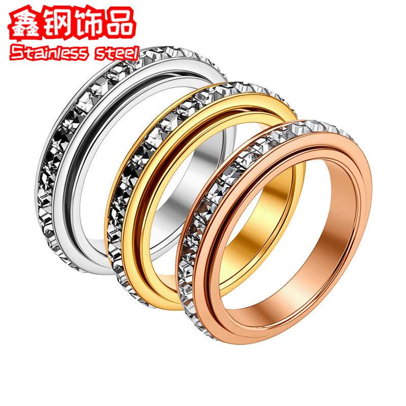 Source Manufacturer Spot Supply Cross-Border Hot Selling 4mm Square Diamond Rotating Ring for Women Stainless Steel Full Diamond Jewelry