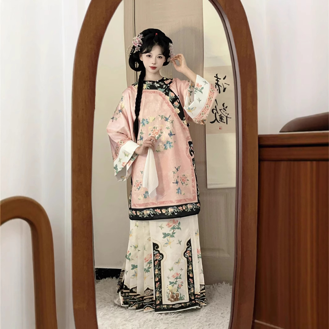 Оригинальное платье династии Цин для женщин, платье с воротником, антикварный национальный костюм, юбка с принтом, весна и осень