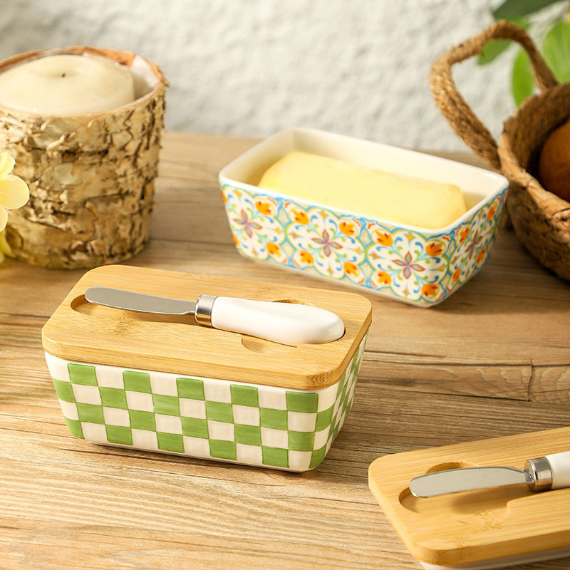 Pastoral Style Ceramic Butter Box with Knife and Lid, American-Style Household Kitchen Storage Box, Cross-Border Cheese Storage Box Wholesale