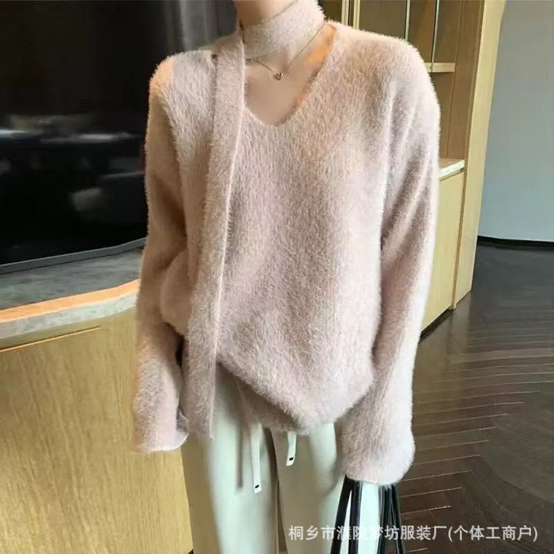 2025 Cross-Border Winter New Soft Faux Mink Sweater for Women, Korean Style Loose Lazy Style V-Neck Knitwear