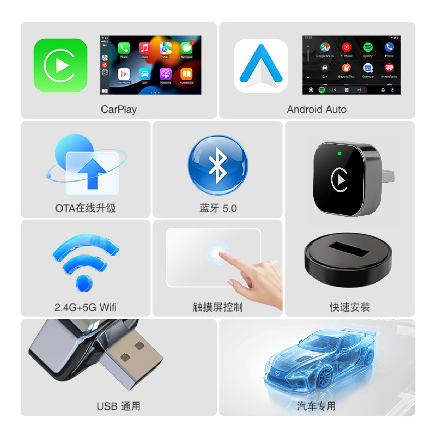 Cross-Border 2-in-1 Carplay Box Wired to Wireless Android Auto Adapter Car-Machine Interconnection Box