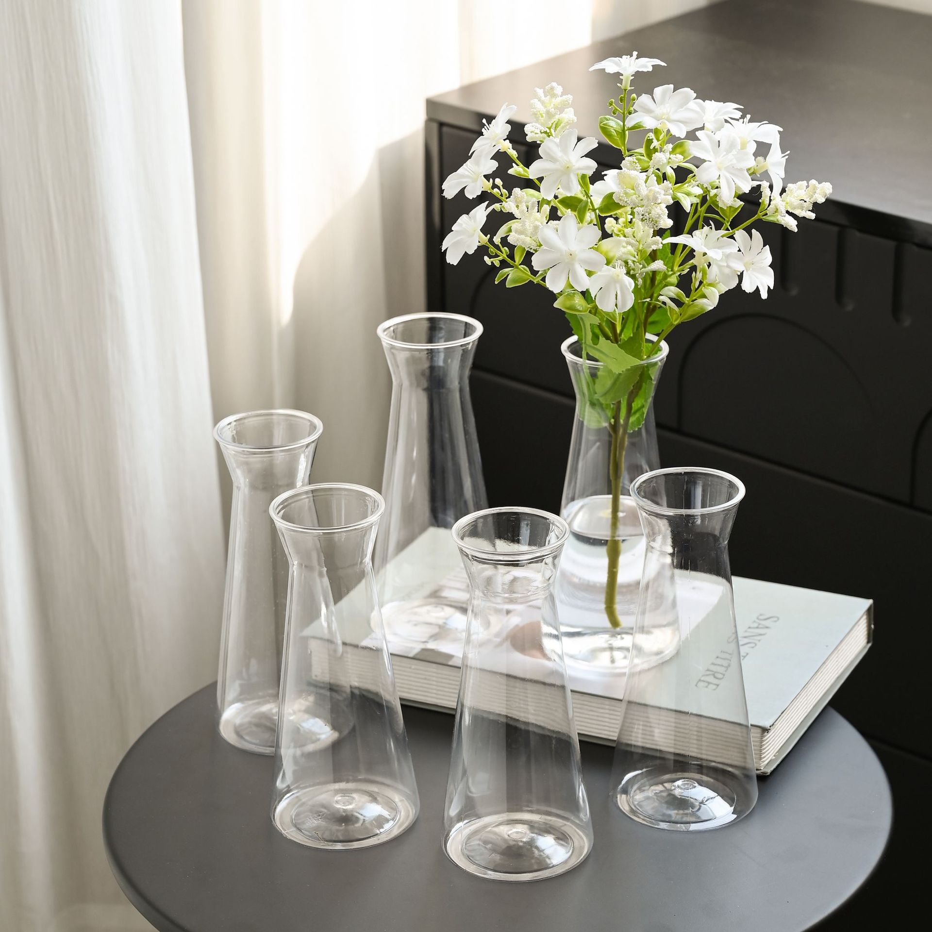 Cross-Border Wholesale New Flat Tapered Plastic Vase Nordic Modern Desktop Decoration Flower Arrangement Hydroponic Transparent Vase