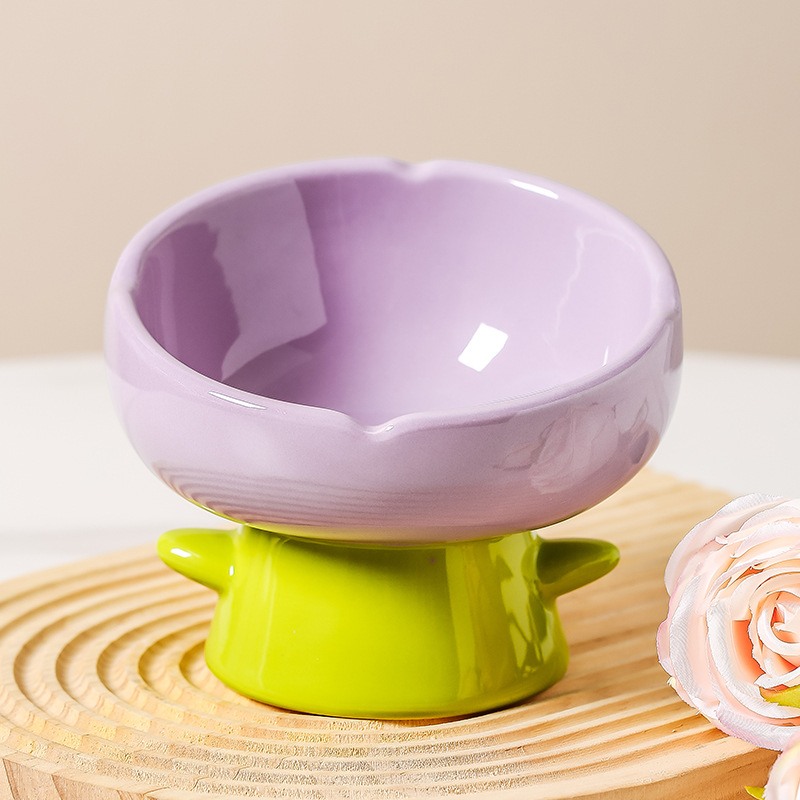 Tulip cat bowl ceramic cat bowl cat bowl pet bowl oblique mouth protection cervical spine anti-knock anti-black chin