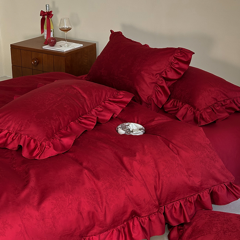 High-End Class a 100S Long-Staple Cotton Wedding Four-Piece Set of Pure Cotton Red Wedding Wedding French Retro Bedding