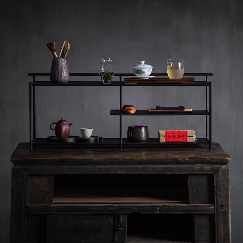 Iron Tea Shed Black Antique Rack Tea Set Storage Display Rack Tea Room Tea Space Desktop Tea Cabinet