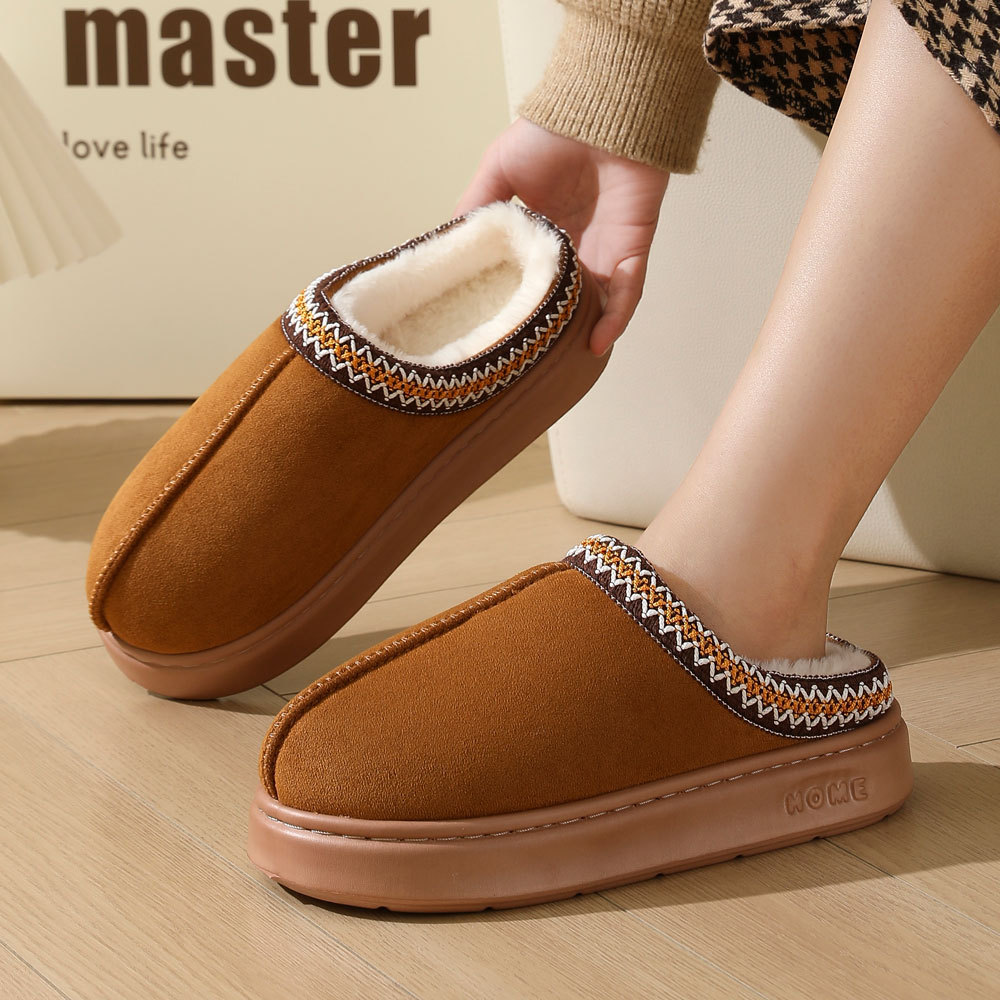 Cross-Border New Autumn and Winter Pure Color Lace Fashion Cotton Slippers for Women Wholesale Eva Thick-Soled Indoor Warm Slippers Winter