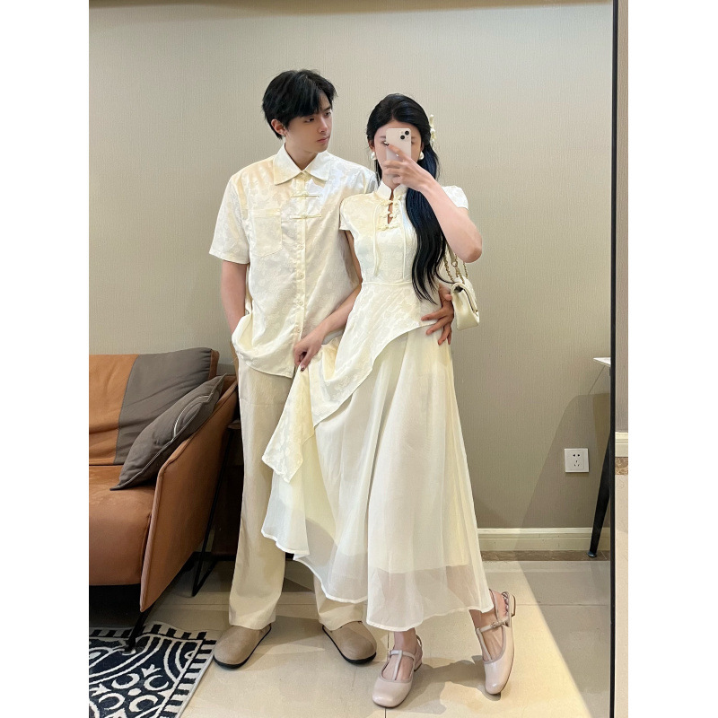 Summer 2025 New Chinese-style National Anti-modified Cheongsam Stitching Slimming Long Dress Couple's Short-sleeved Shirt