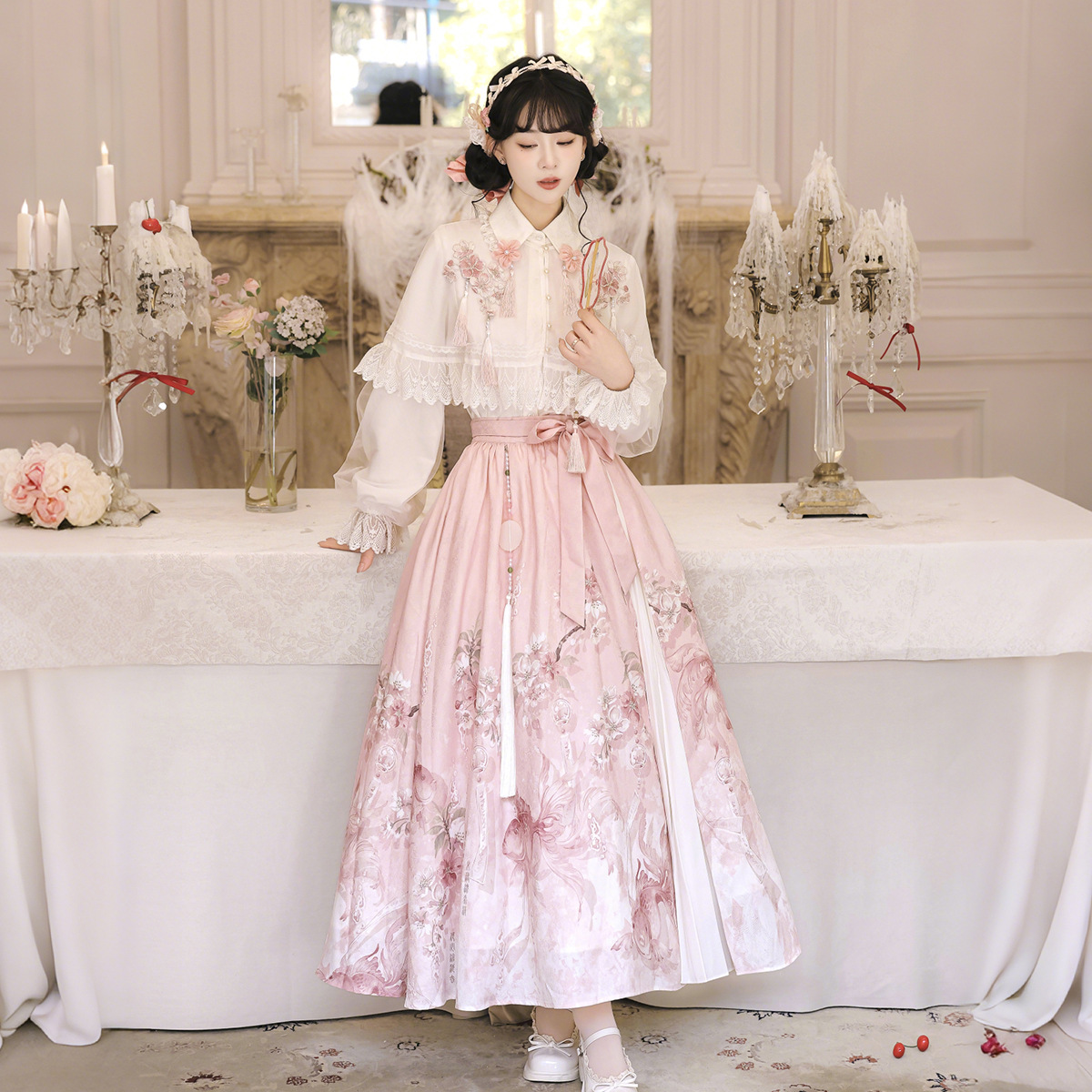 Yimengge оригинальный дождь вишневого цветка китайский стиль ханские элементы новый китайский стиль женский шаль топ и юбка комплект 9749