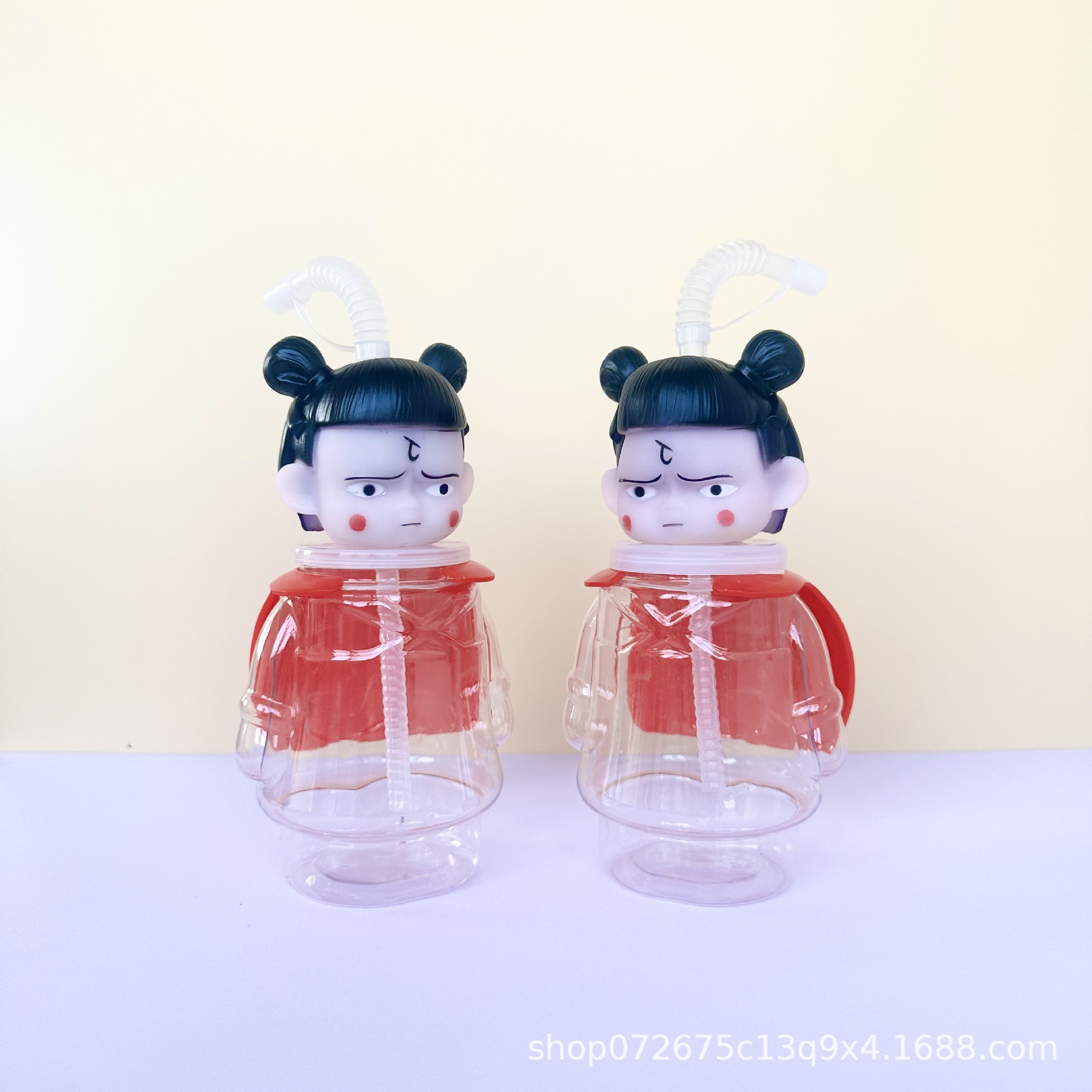 Disposable Kidsren's Cute Plastic Cup Milk Tea Juice Drink Bottle 500Mlpet Nezha Shaped Straw Cup