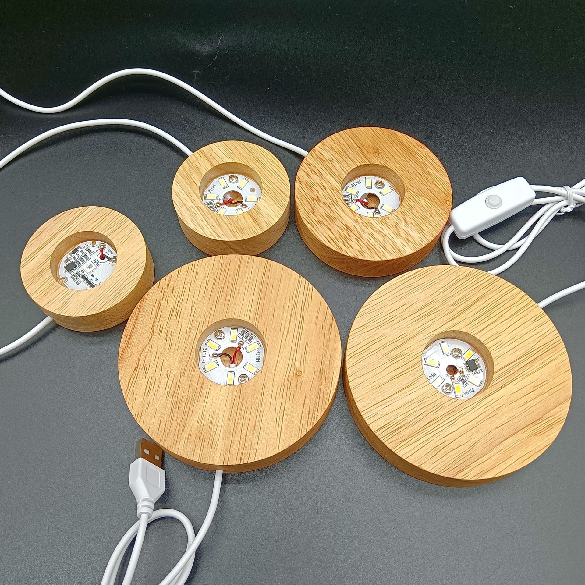 Led Wooden Base DIY Creative Crafts Ornaments Acrylic Night Light Round Square Luminous Wooden Lamp