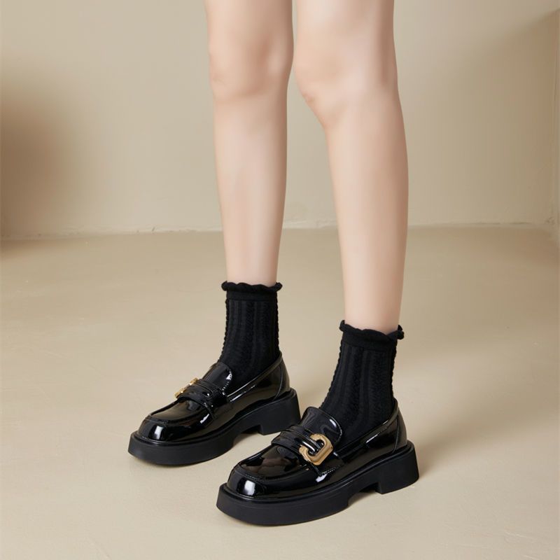 Small Leather Shoes Women's British Style Flats 2025 New Spring and Autum Retro Thick-Soled Loafers Black Women's Shoes