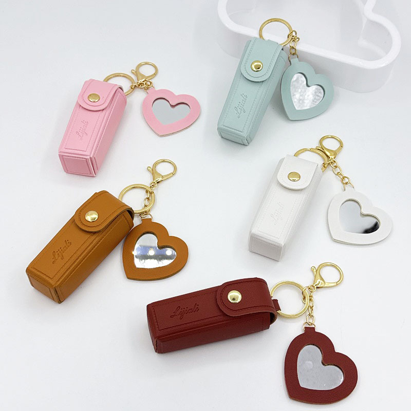 Leather Lipstick Storage Bag, Portable Small Mirror Keychain, Mini Bag Keychain Pendant Gift Idea