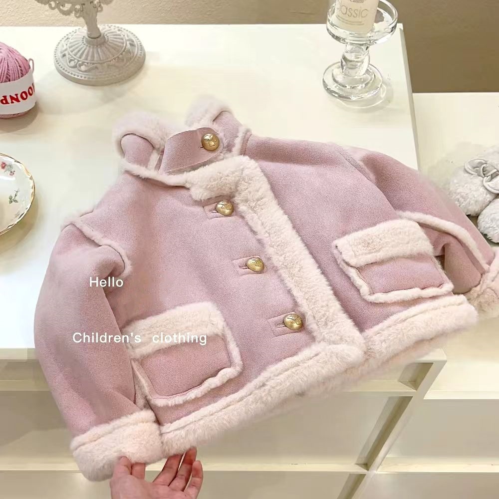 Girls' Outwears Autumn and Winter 2025 New Velvet Thickeneded Kidsren's Princess Tops Fashionable Baby Winter Kidsren's Clothing