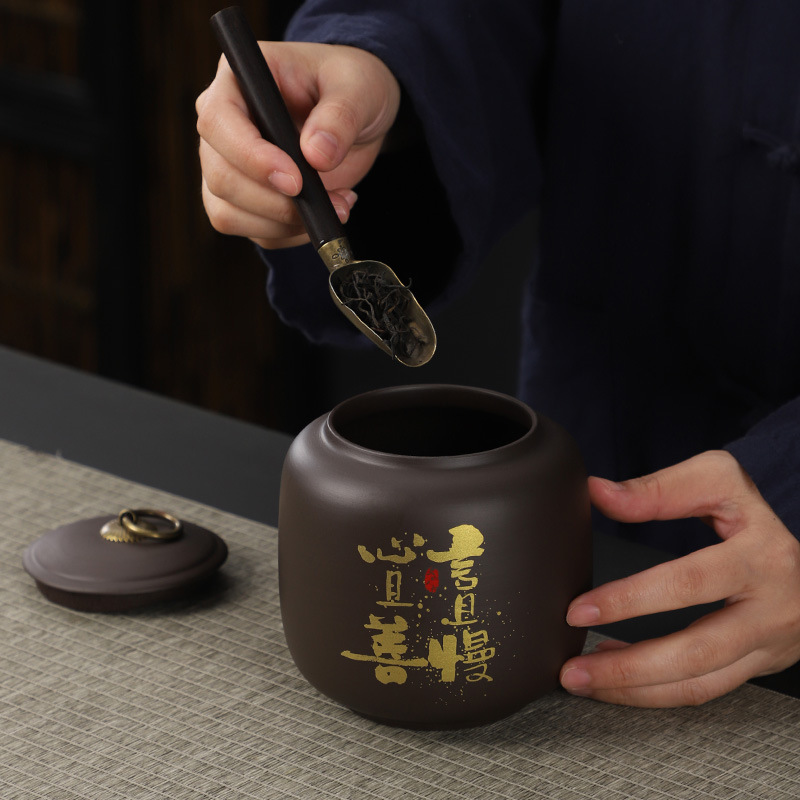 Retro Black Purple Sand Tea Jar Ceramic Sealed Jar Black Tea White Tea Pu'Er Tea Tea Storage Jar Sealed and Moisture-Proof