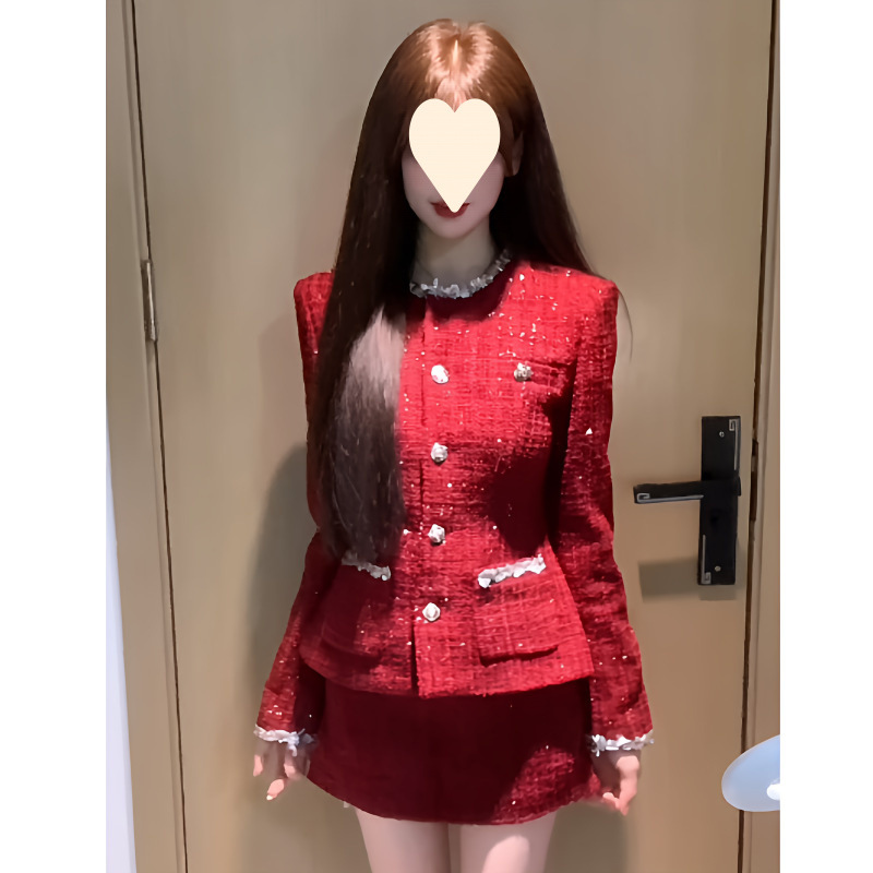 Rich Daughter's High-End Small Fragrance Jacket Autumn and Winter New High-Waist Slim Skirt New Year's Shirt Suit for Women