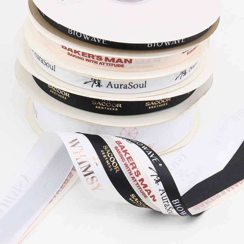 Yiwu Factory Ribbed Ribbon Printing Various Specifications Ribbon Hot Stamping Printing English Corporate Logo Packaging Ribbon Customization
