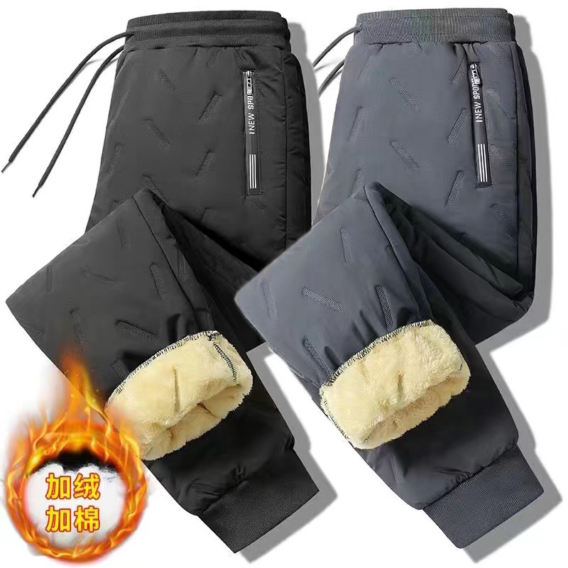 Winter fleece-lined plus fat thick lamb fleece warm kneepad men's warm pants double zipper elastic toe long pants