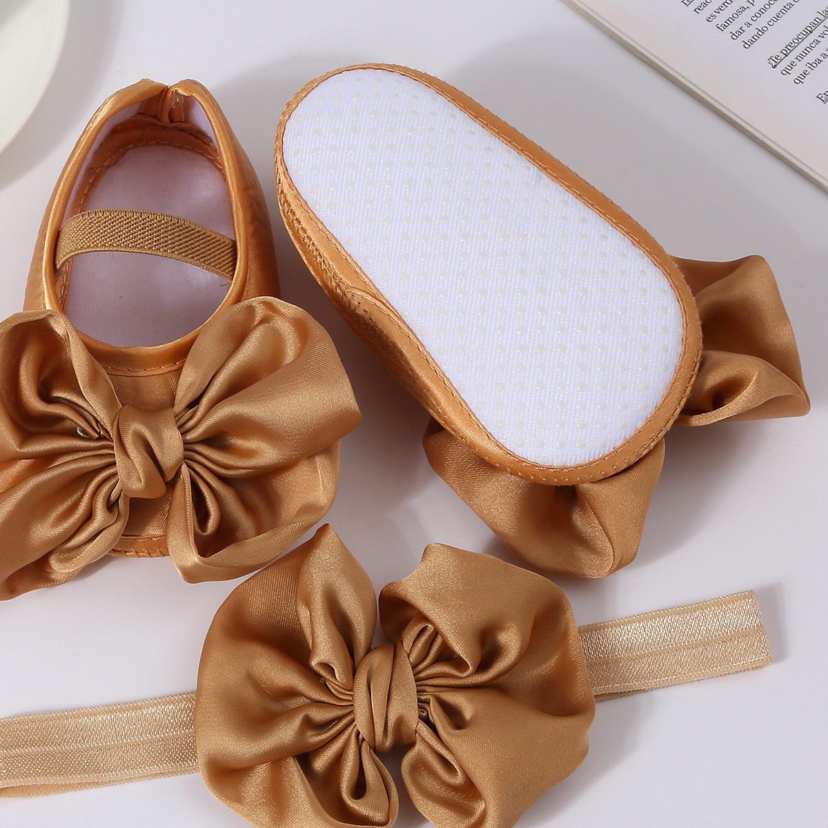 2024 Baby Girl Solid Color Shoes Hair Belt suit Toddler Shoes Soft Sole Big Bow Glue Non-slip Wholesale