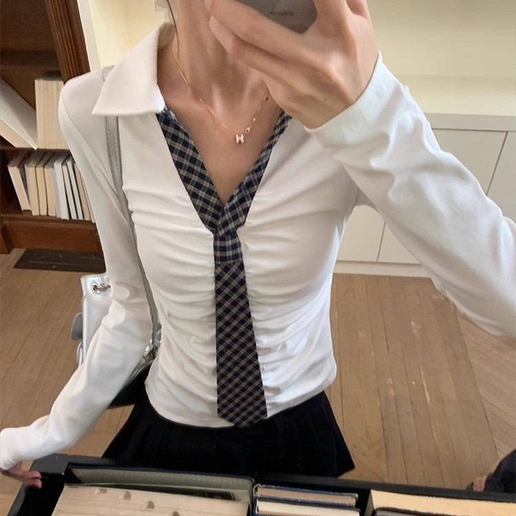 6170 # 260g Rayon Brushed Plaid Tie Lapel Long-Sleeved Top Design with Chest Pad Slim T-Shirt for Women