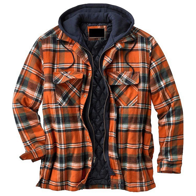 2021 foreign trade explosions men's European and American autumn and winter thick cotton plaid long sleeve loose hooded jacket coat