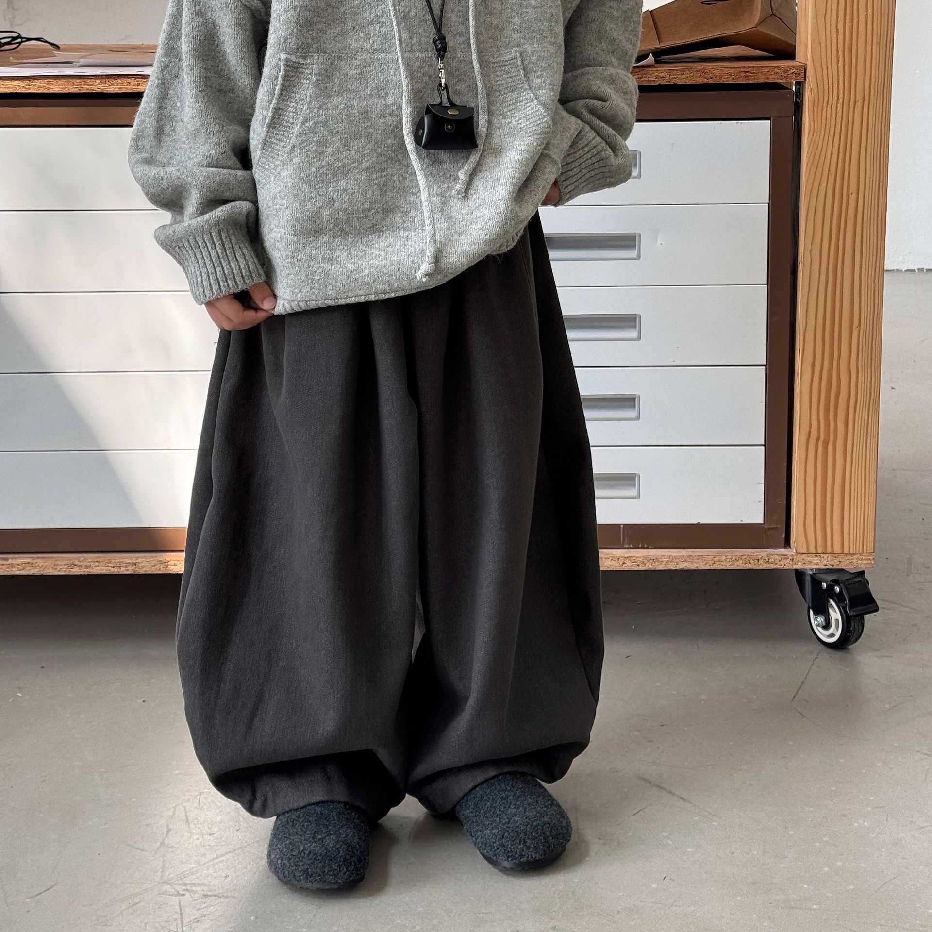 Tai Ru 2025 Winter New Korean Style Wide Casual Boys' Solid Color Fleece-Lined Jeans Children's Warm Pants