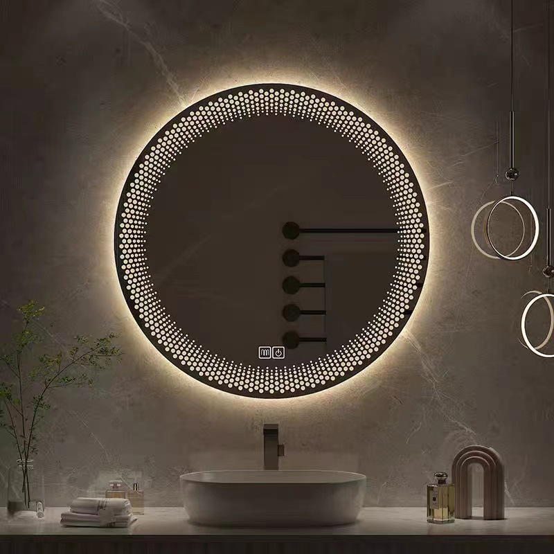 Bathroom Wall Mounted Anti-Fog Mirror Three-Color Light Led Smart Frameless Round Mirror Bedroom Mirror Temperature Display Smart Mirror