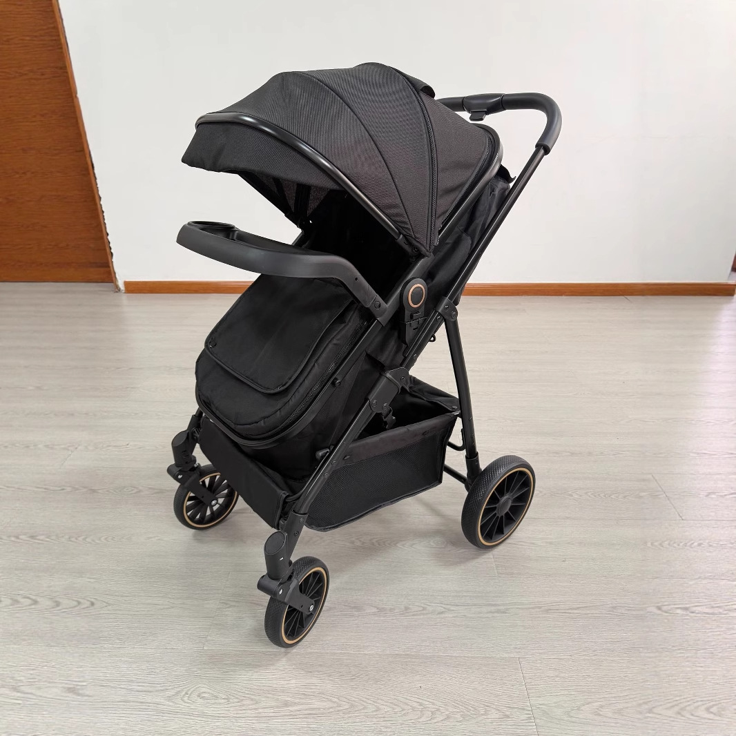 Stroller with Basket, Can Sit and Recline, High-View, Foldable, Two-Way Baby Stroller, Children's Stroller, Four-Wheel Gold Tube