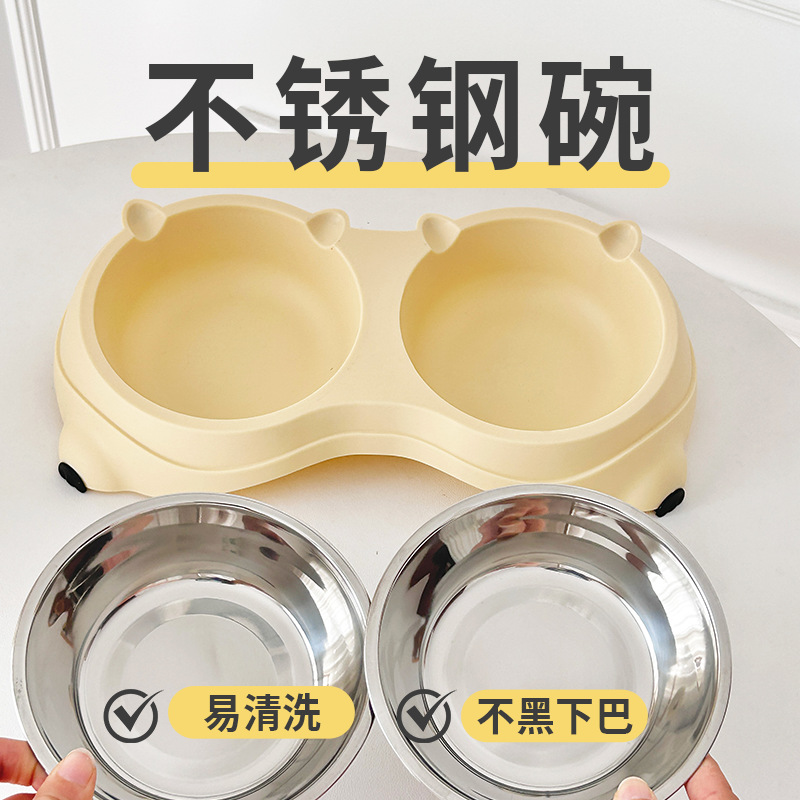 Pet Bowl, Non-Slip Bowl, Stainless Steel Anti-Knock over Leakage, Cat Double Bowl, Pet Drinking Bowl, Dog Rice Bowl, Cat Rice Bowl