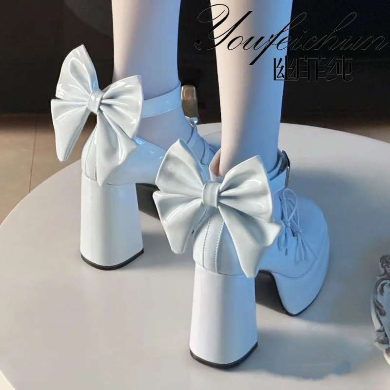 Youfei Pure 2025 Original Bow Mid-Heel Waterproof Platform Lolita Shoes Cute Sweet Color Soft Girl Japanese Style Style Shoes