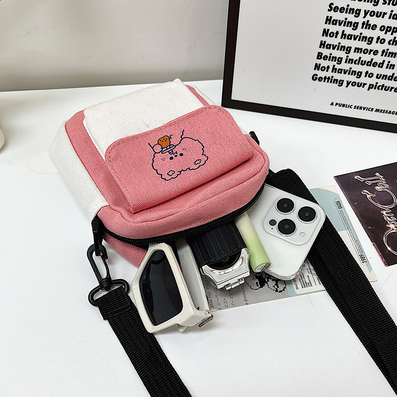 Canvas Bag Women's 2024 New Japanese Style Cute Canvas Shoulder Bag Instagram Style All-match Contrast Color Student Trendy Crossbody Bag