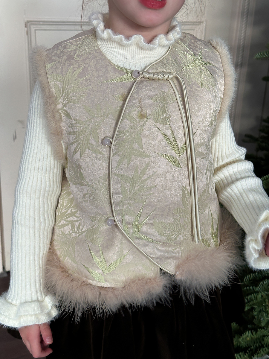 [Clearance Item] Girls' Fleece-Lined Chinese Style Satin Jacquard Thickened Vest Winter New Chinese Style Qipao Vest for New Year