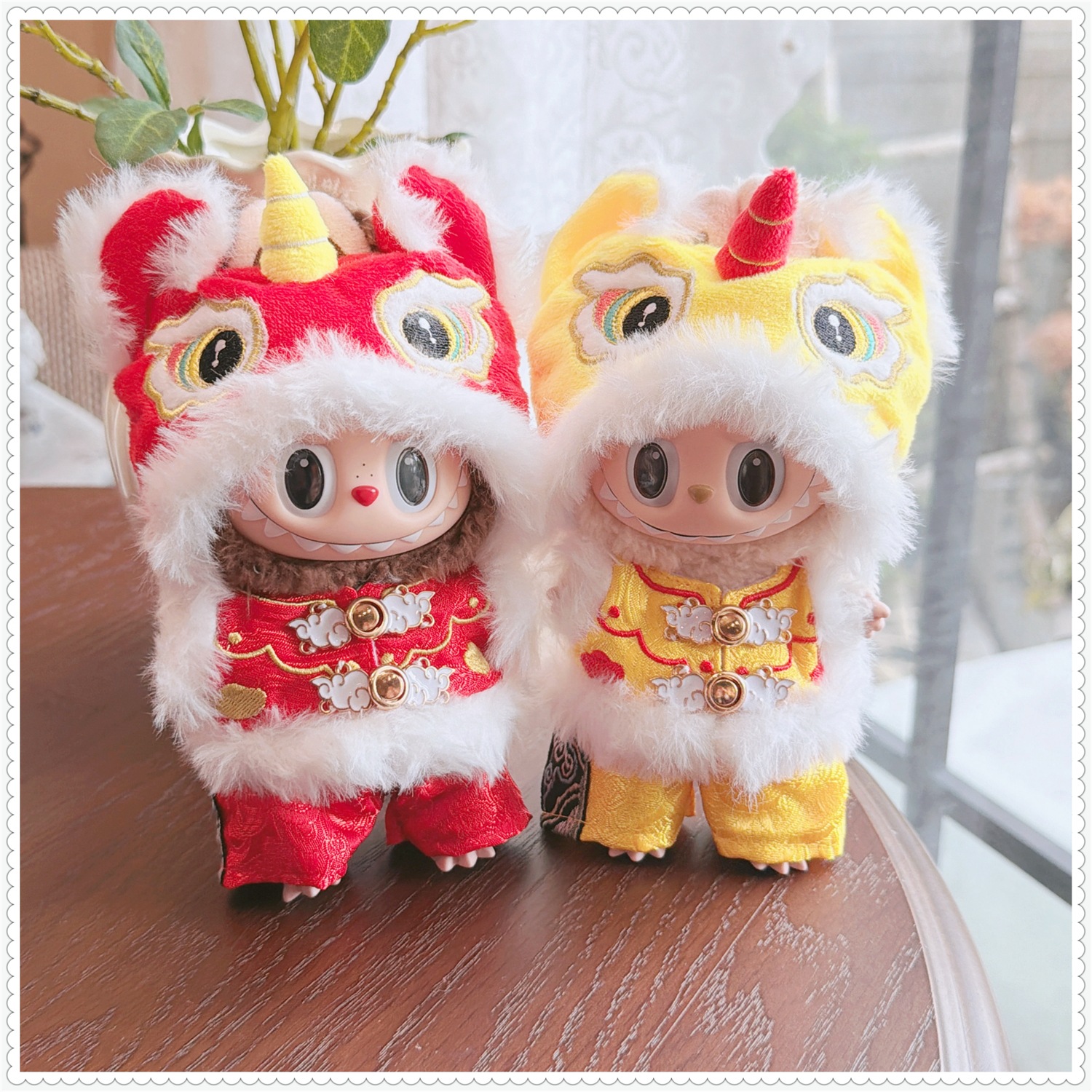 First, Second, and Third Generation Labubu Doll Clothes 17cm Labubu Sitting New Year Lion Plush Pendant with Replacement Outfit