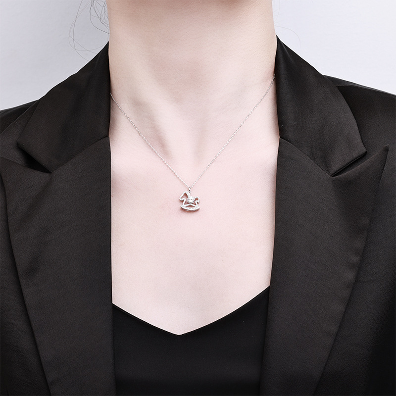 Fairy Tale Rocking Horse Necklace for Women in Summer, Cute Literary and Creative Clavicle Chain, Silver Moissanite Necklace, High-End Sterling Silver