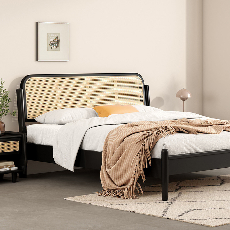 Ротанговая кровать из массива дерева современный простой мастер-спальня 1.8 м двуспальная кровать черная скандинавская японская стиль ретро стиль тихий стиль гостиничная кровать