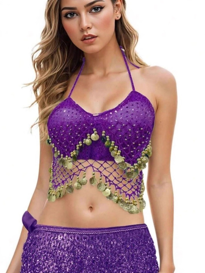 Belly Dance Costume Sequin Bra Indian Egyptian Dance Performance Outfit Stage Wear Tassel Halter Neck Camisole Ball Gown