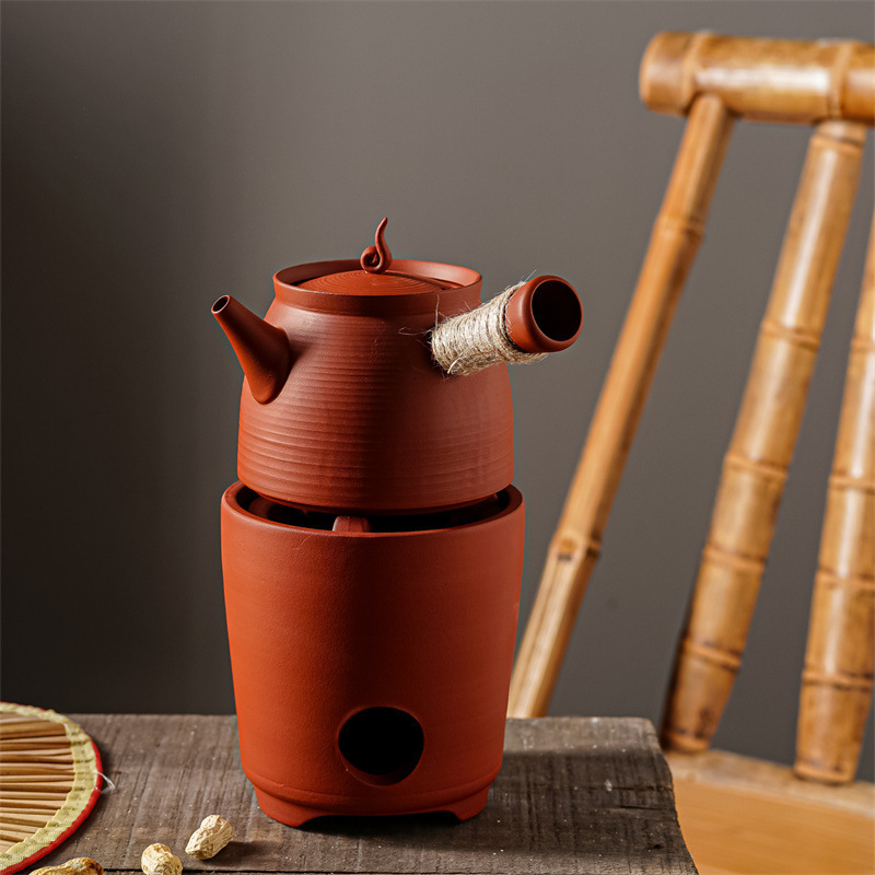 Handmade small charcoal stove red mud Kung Fu Tea stove olive carbon stove ceramic side handle pot Chaoshan Chinese retro stove tea boiling