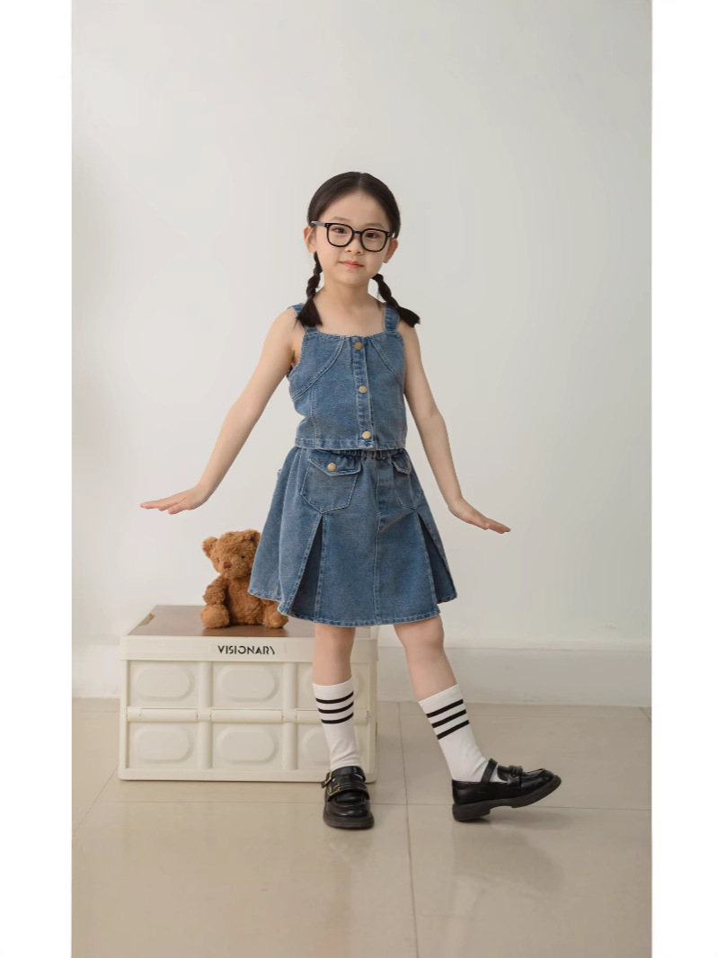 Girls' Single-Breasted Camisole Short Skirt Denim Two-Piece Set 2025 Summer Outfit Wholesale Trendy Girls' Set
