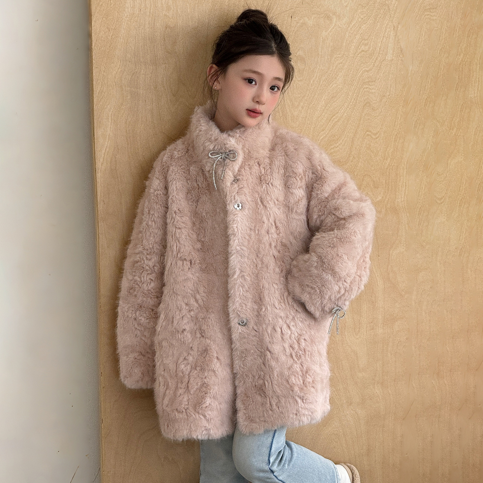 Куртка из искусственного меха Moon Shadow для девочек Утепленная куртка из бархата под мех для детей Средней длины зимняя куртка