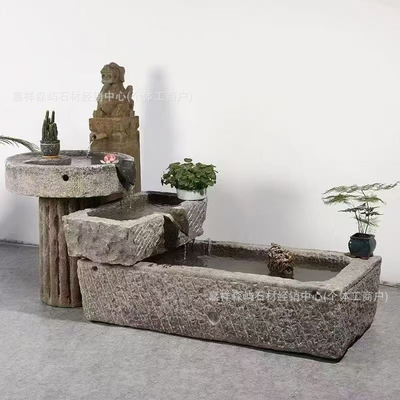 Antique-Style Flowing Water Fish Tank Stone Trough for Outdoor Courtyard Stone Carving Flowing Water Ornament for Guesthouses and Hotel Fish Pond Landscaping