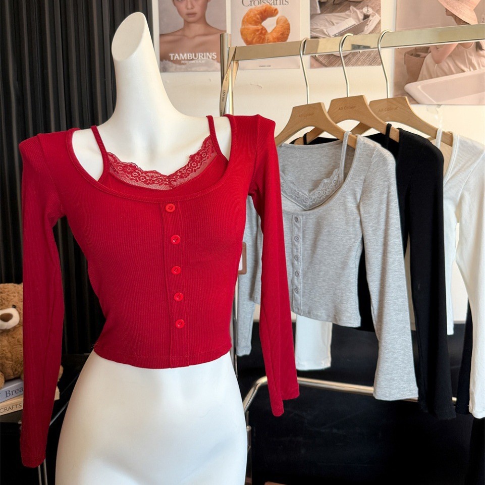 5153 # Pure Desire Hot Girl Lace Patchwork Fake Two-Piece Long Sleeve T-Shirt Autumn Slim Fit Inner Short Base Shirt Top