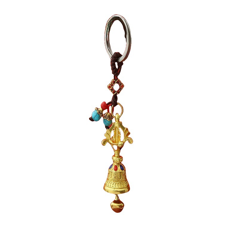 Xizang Alloy Two-Tone Vajra Bell Keychain Six-Syllable Mantra Pendant Car Bag Dual-Use Creative Ornament