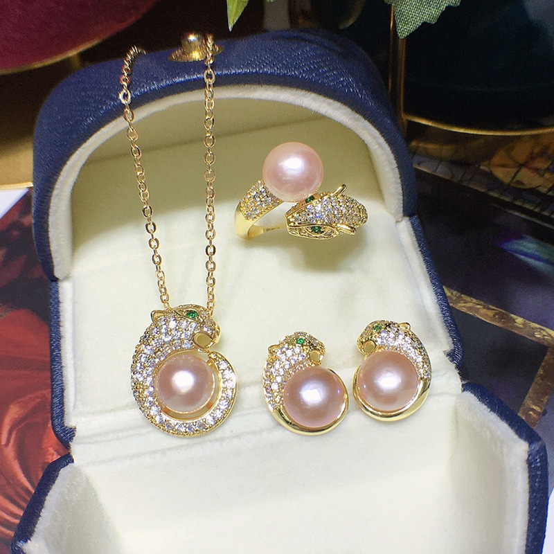 Freshwater Pearl Inlay Set Women's Summer Korean Style Jewelry Lucky Leopard Head Three-piece Set Fashionable Simple All-match 162