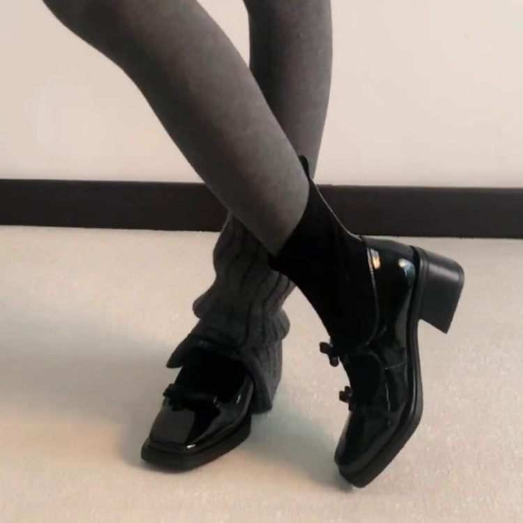 Sheepskin Version ~ Small Fragrant Bow Elastic Slim Boots 2025 Versatile Square Toe Thick Heel Back Zipper Slimming Look Socks Boots