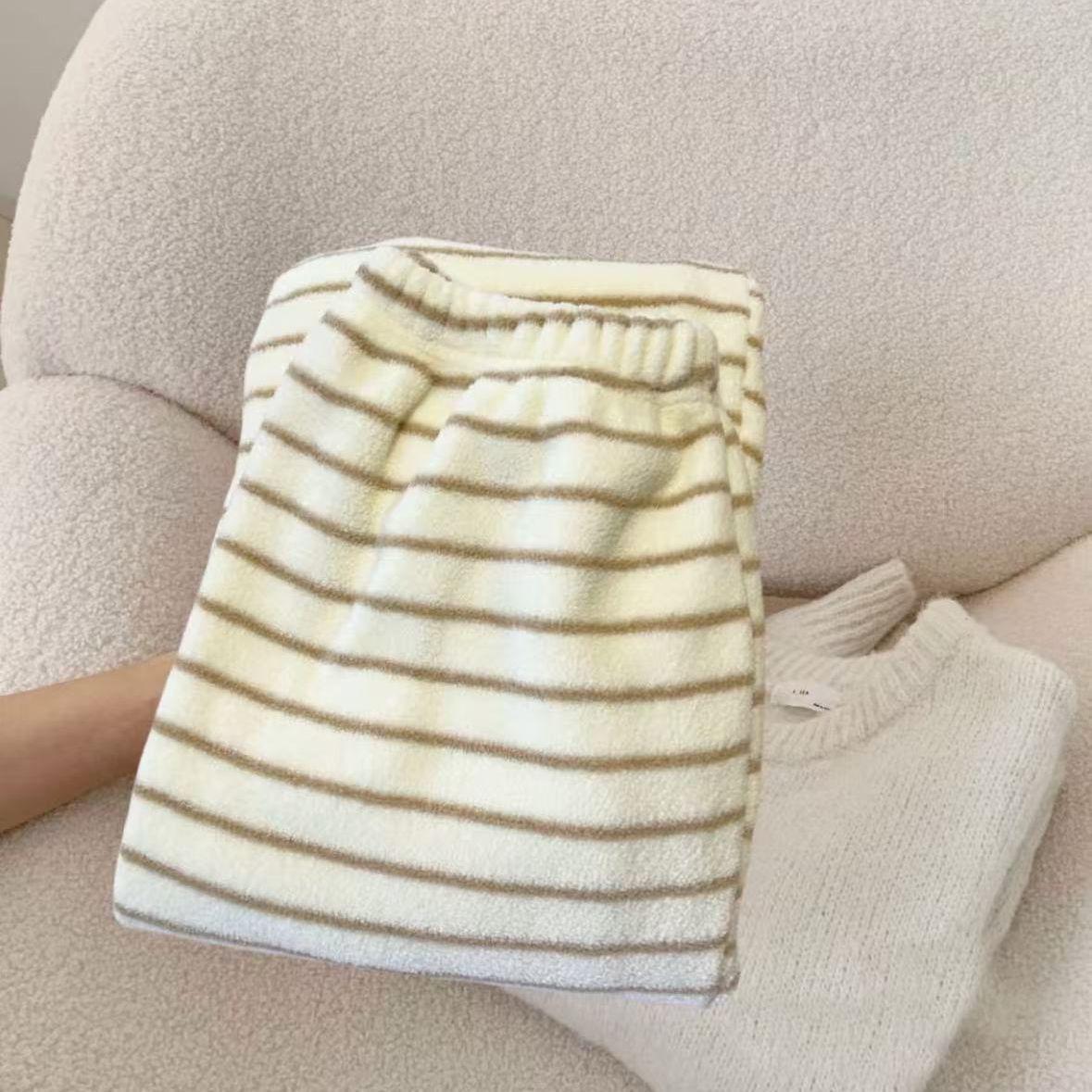 New Arrivals for Autumn and Winter! Korean Style Stripesd Soft Waxy Coral Velvet Pajamas for Women Winter Thickeneded Warm Straight Casual Home Pants