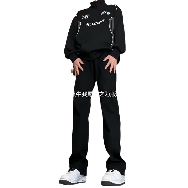 Autumn and Winter fleece-lined Black Men's Pants Crotch-lift High Waist Jeans American-style High Street Straight Scimitar Pants