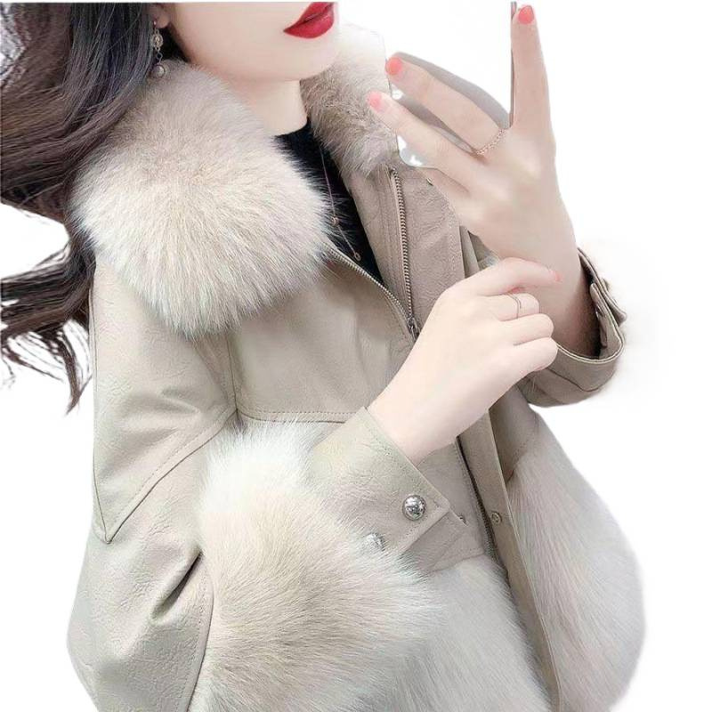 New Haining Pipi Anti-Fox Fur Ladylike Mid-Length Outwear Women's down Jacket Black Light Apricot