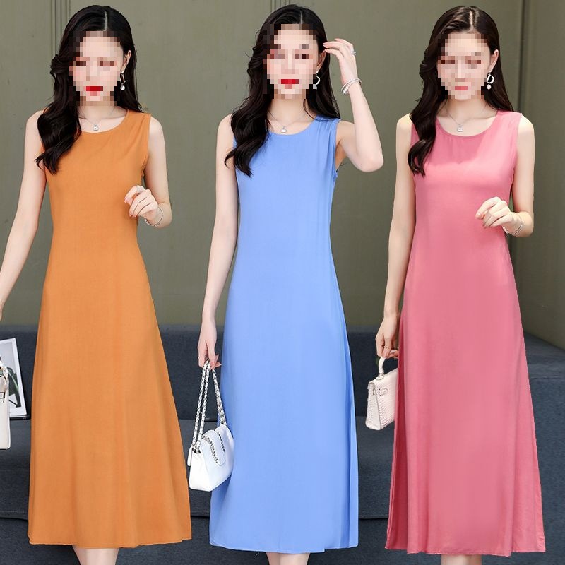 Хлопковое шелковое безрукавное платье, длинная юбка, однотонный стройнящий вид, свободный большой размер, повседневная одежда для матерей, универсальная юбка с большим подолом
