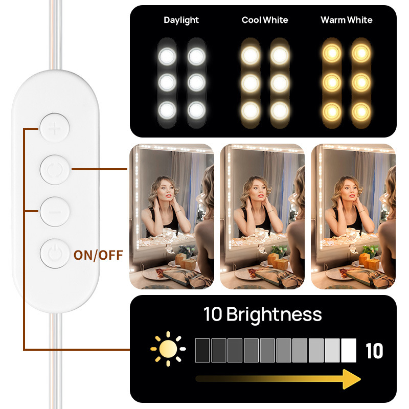 Makeup lamp usb three-color dimming self-adhesive mirror cross-border makeup mirror bulb Hollywood mirror headlight source manufacturer