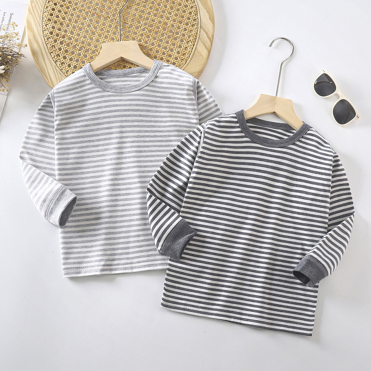 Children's Cotton Autumn Clothes Boneless Underwear Single Top Home Clothes Pajamas Autumn and Winter Striped Middle and Big Children